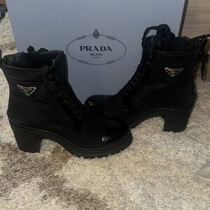 Prada Black Nylon Lace Up Boots with Chunky Heel